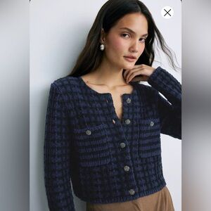 LK Bennett Navy Textured Cropped Check Cardigan